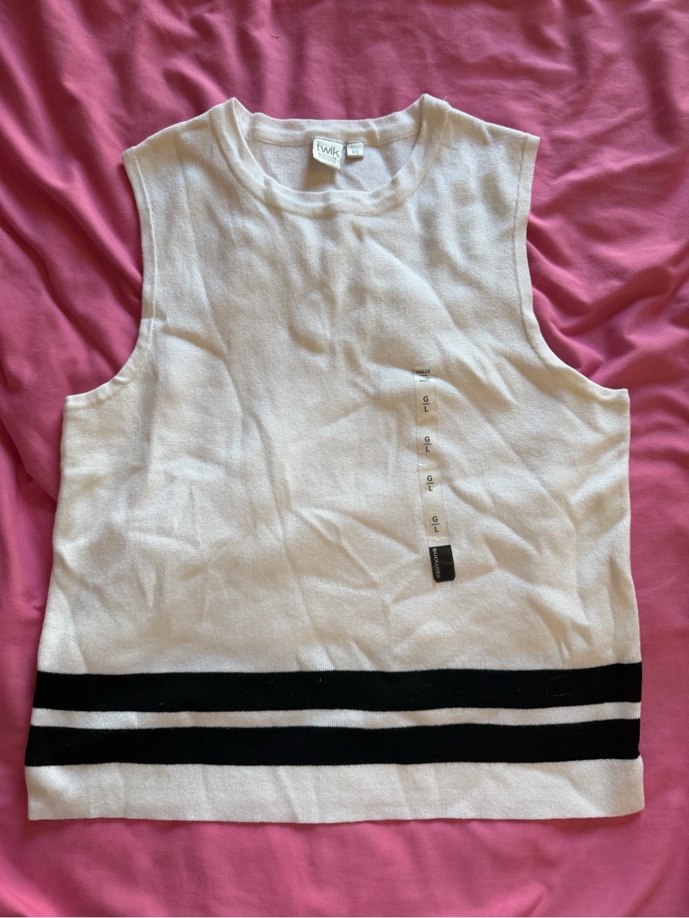 twik White Knit Sleeveless Top with Black Stripes